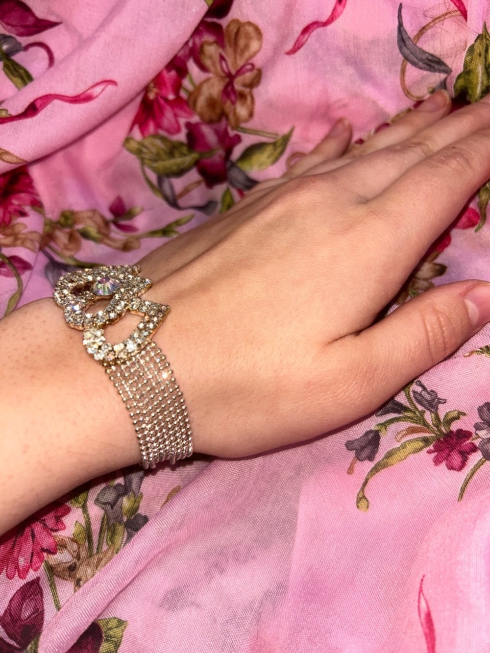 Heart Sparkly Rhinestone Statement silver tone Chain Crystal Bracelet - Picture 2 of 6